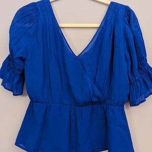 Ecru Royal Blue V-Neck Blouse